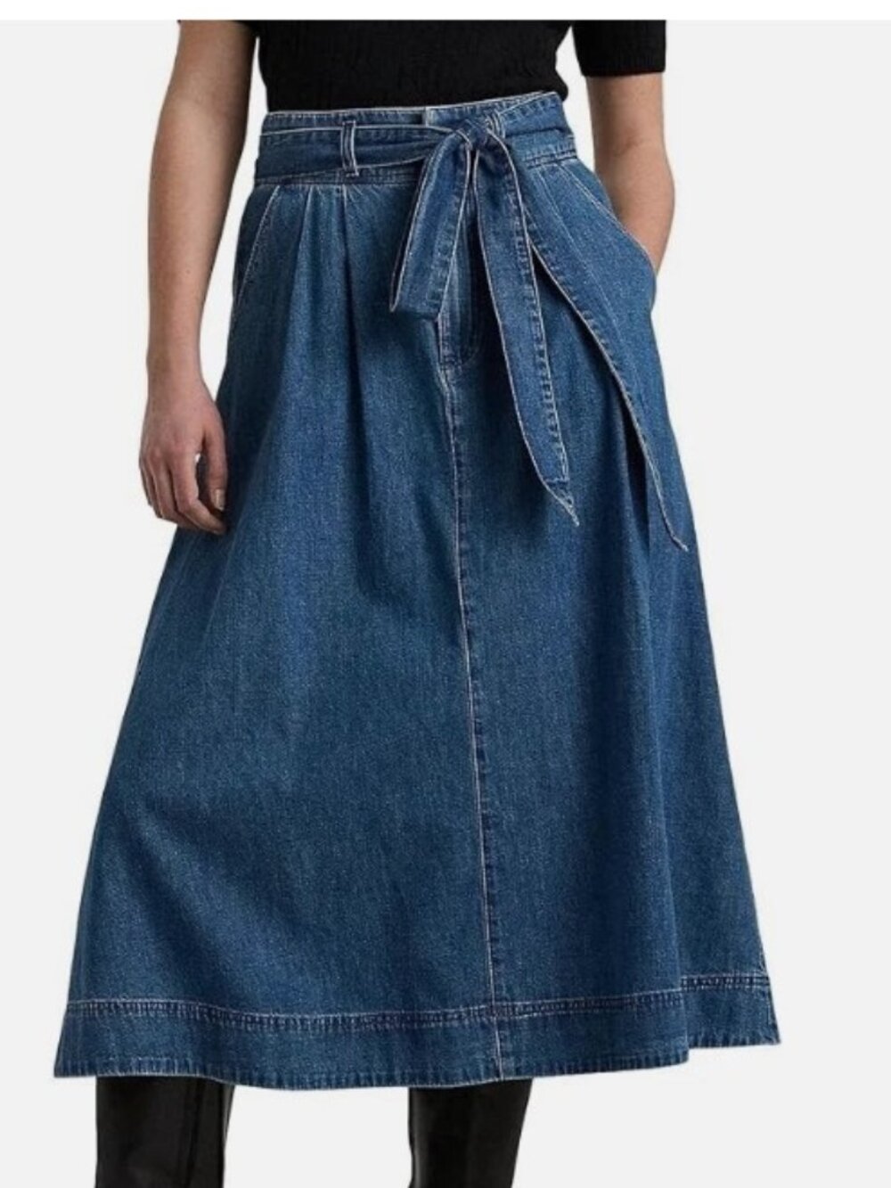 LAUREN RALPH LAUREN Blue Denim Midi Skirt Flared Belted Size 10